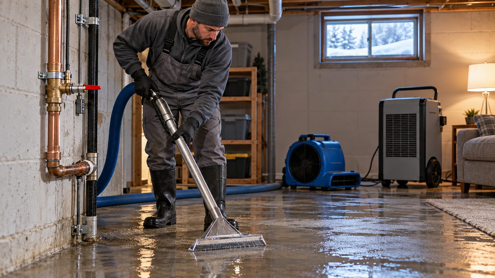 Restoration professional extracts water after a frozen pipe bursts in an Eau Claire-area basement.