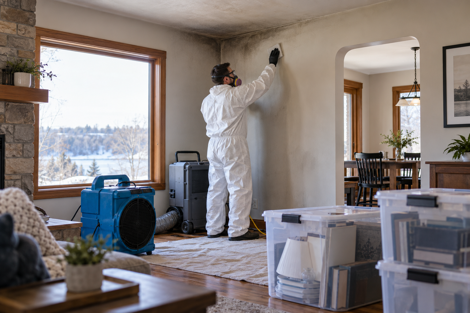 Fire-restoration technician cleaning soot and setting deodorization equipment inside an Eau Claire-area home.