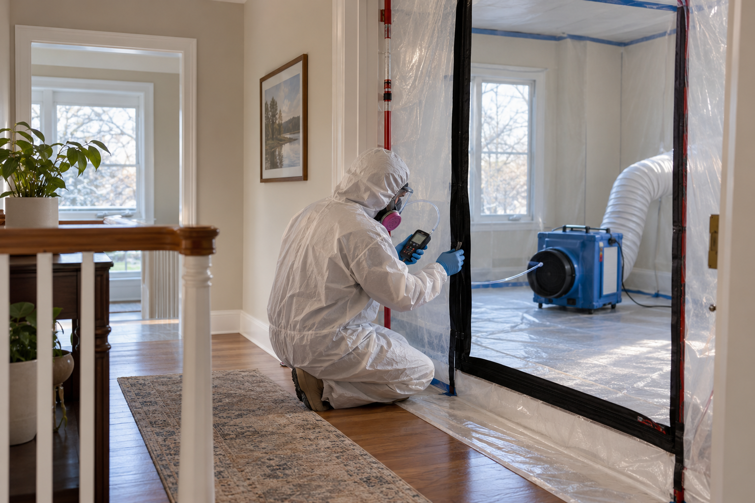 Restoration technician checking a sealed containment area during mold remediation in an Eau Claire home.