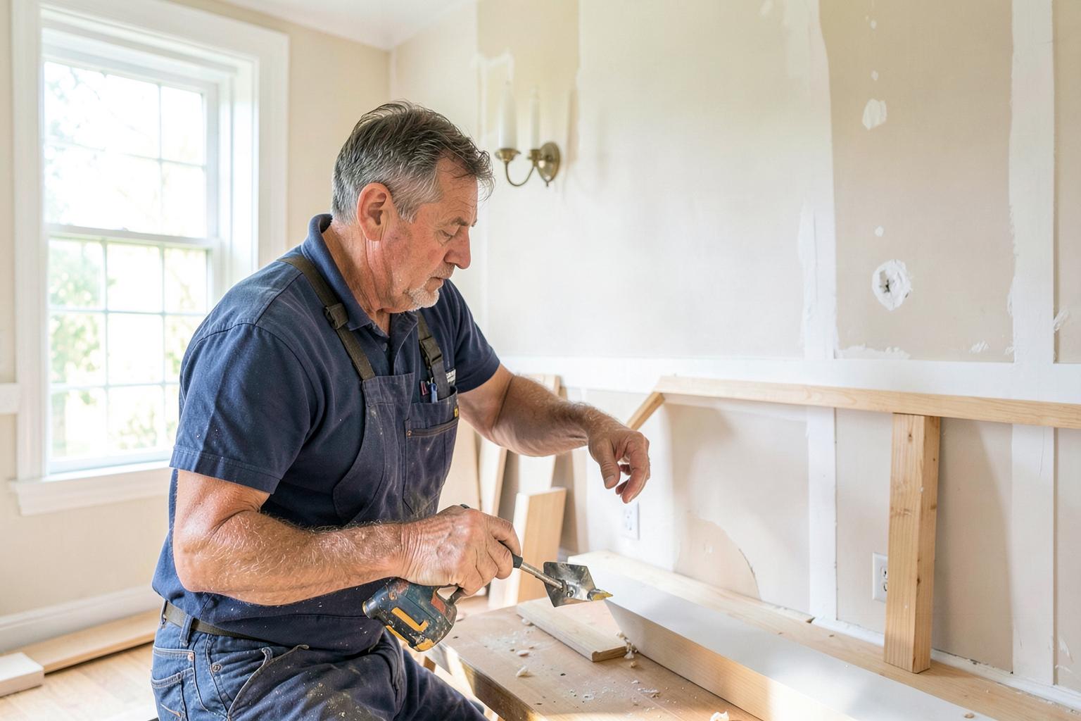 Technician completing finish work in a restored home interior