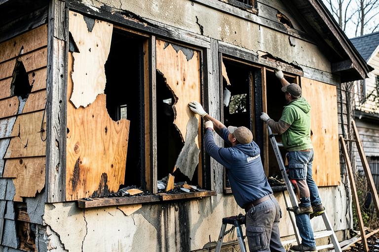 Crew boarding up windows on a fire damaged home