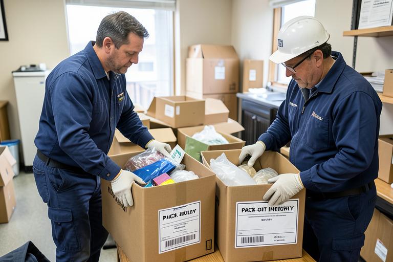 Workers packing household contents into inventory boxes