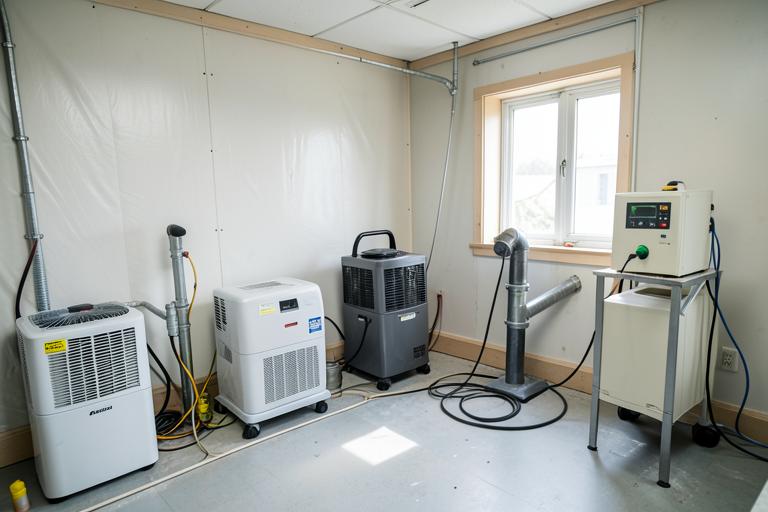 Air movers and dehumidifiers drying a room