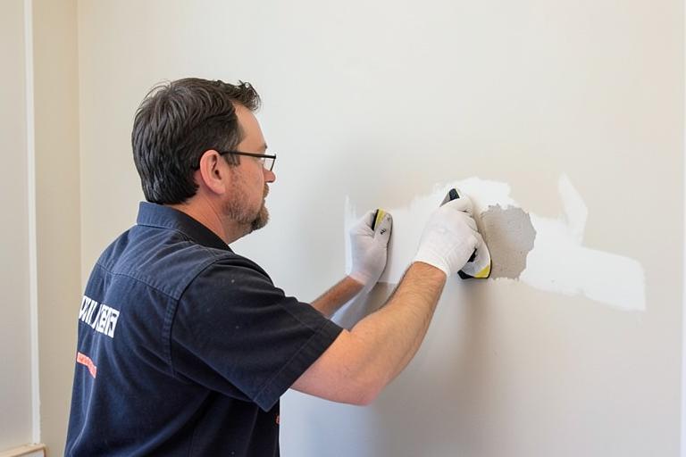 Worker finishing a drywall patch