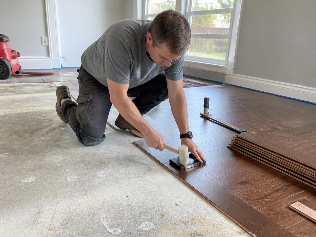 Installer laying new hardwood flooring