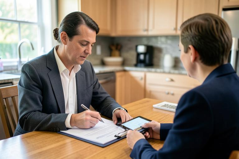 Specialist reviewing insurance claim paperwork with a homeowner