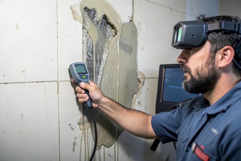 Technician using a moisture meter and thermal camera on a wall