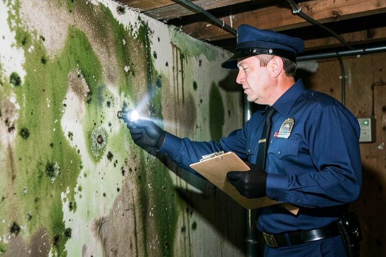 Inspector examining a damp basement wall for mold