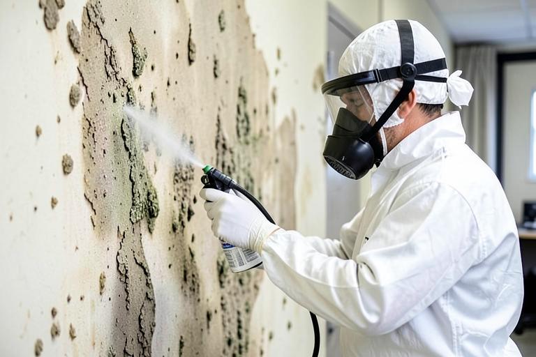 Technician treating a mold-affected wall