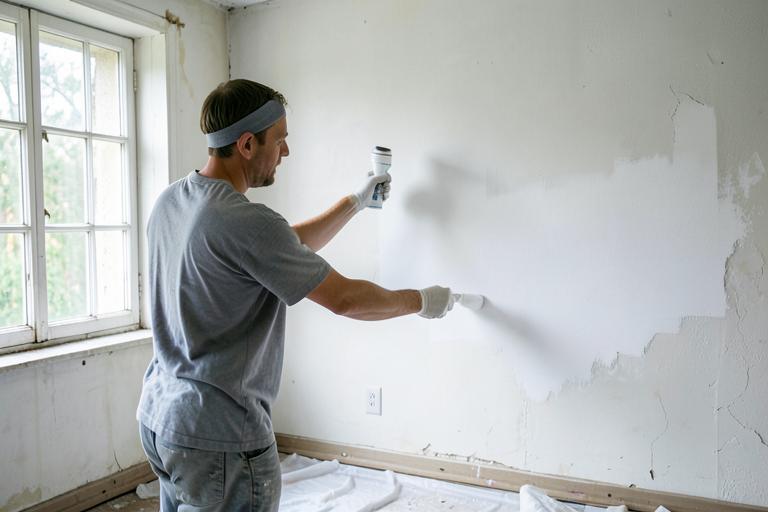 Painter rolling fresh paint on an interior wall