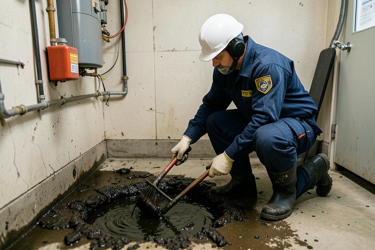 Technician cleaning a contaminated water backup