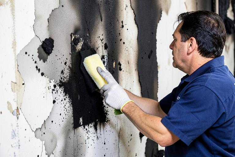Technician removing soot from a wall after a kitchen fire.