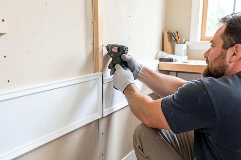 Carpenter installing baseboard trim