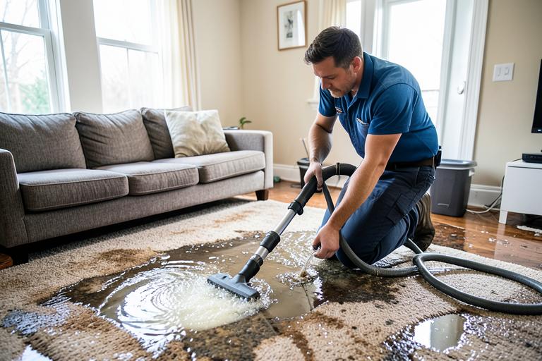 Technician extracting water from soaked carpet